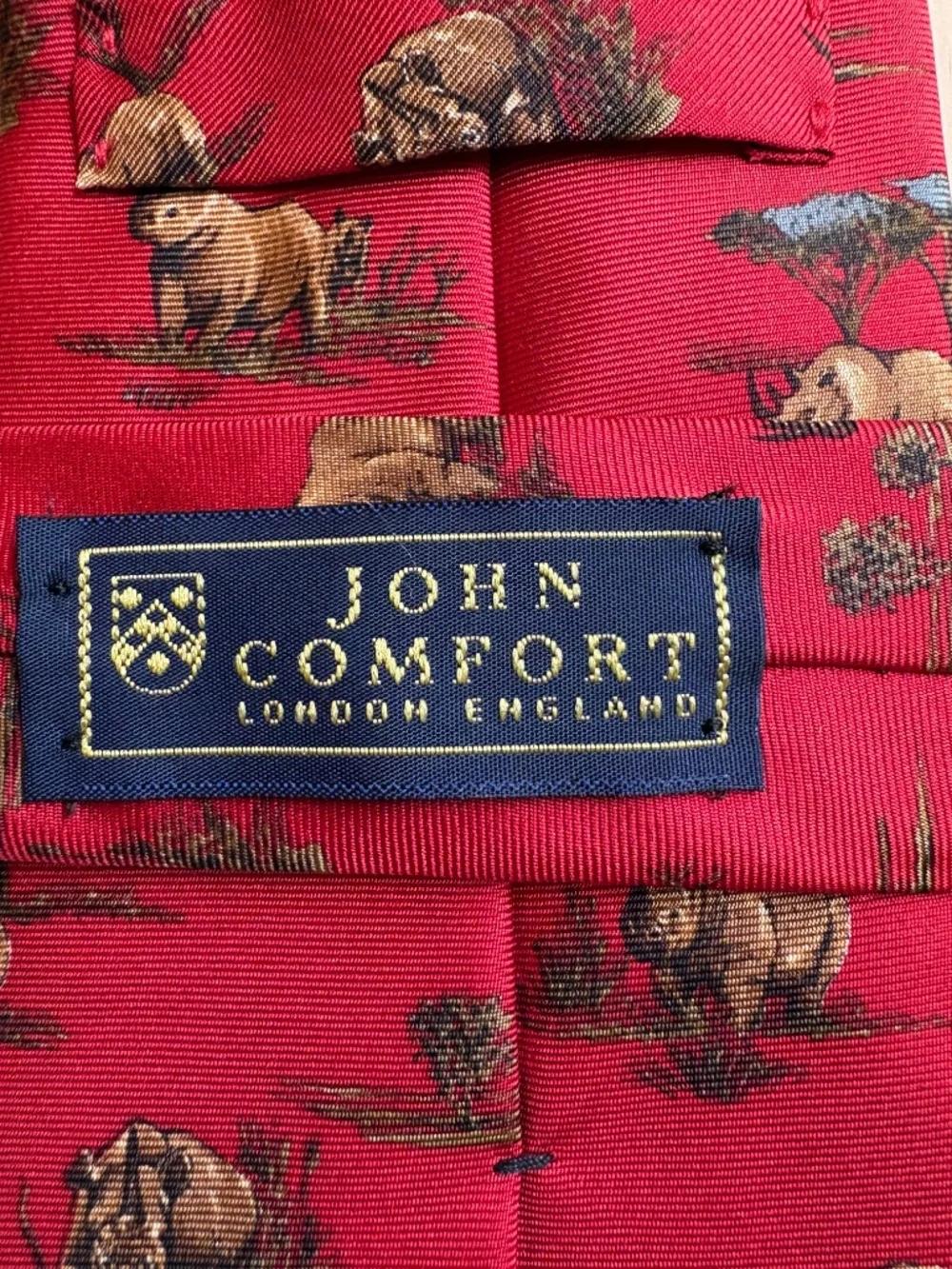 Vintage John Comfort London 100% Silk Red Rhinoceros Safari Novelty Tie